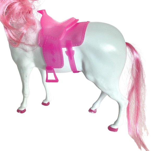 White Blow Mold Horse With Pink Hair Hooves Saddle Bridle 11in Tall - Picture 10 of 16